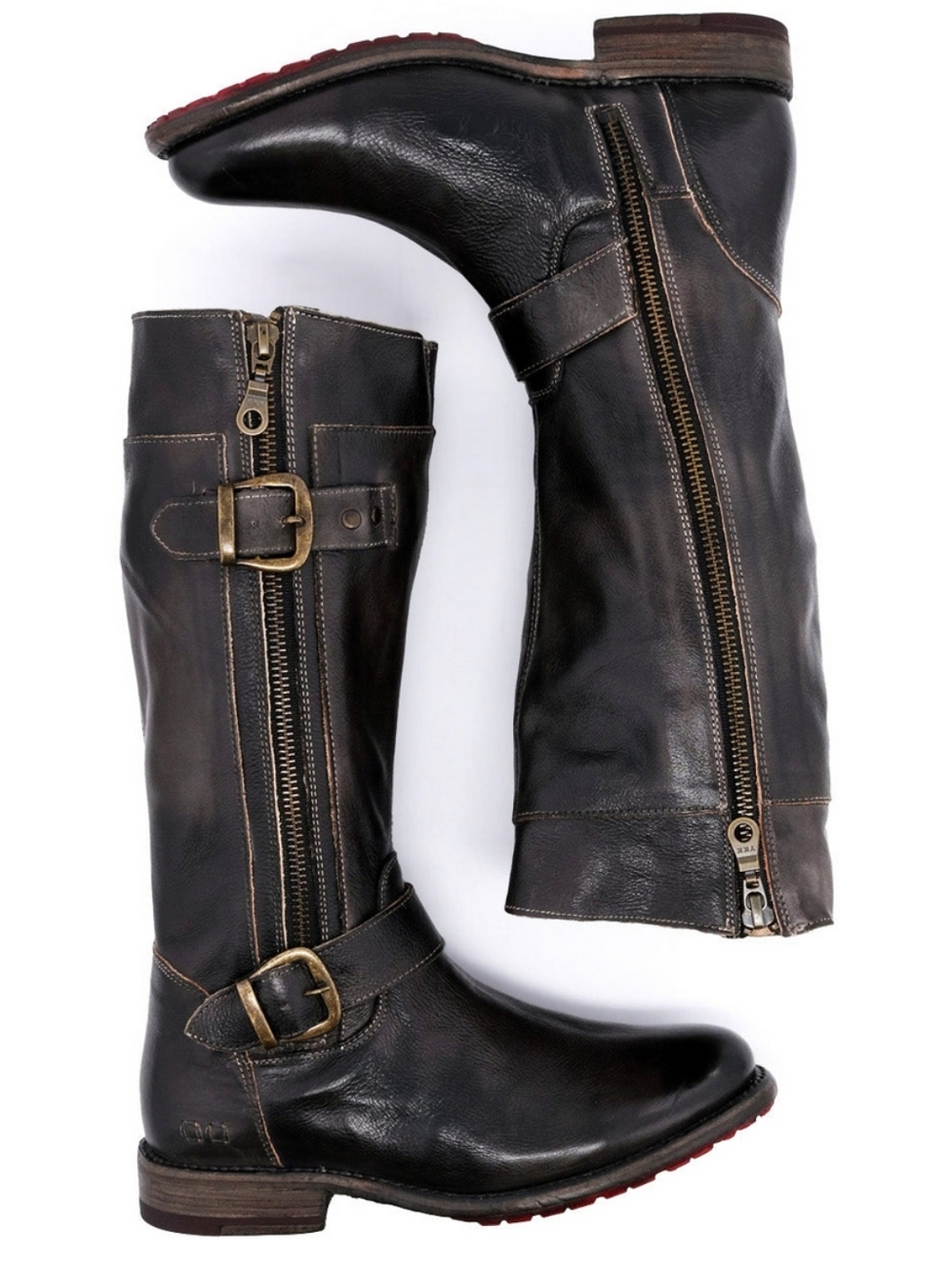 Bed Stu Gogo Lug boot women 7 engineer leather moto buckle dual zippers Black